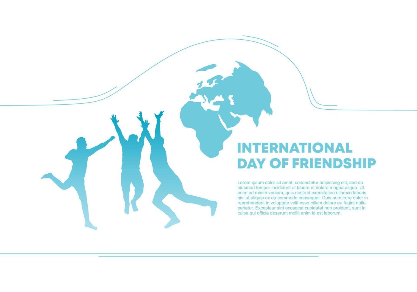 Afiche de fondo del Día Internacional de la Amistad con tres amigos felices y un mapa del mundo aislado en fondo blanco. vector