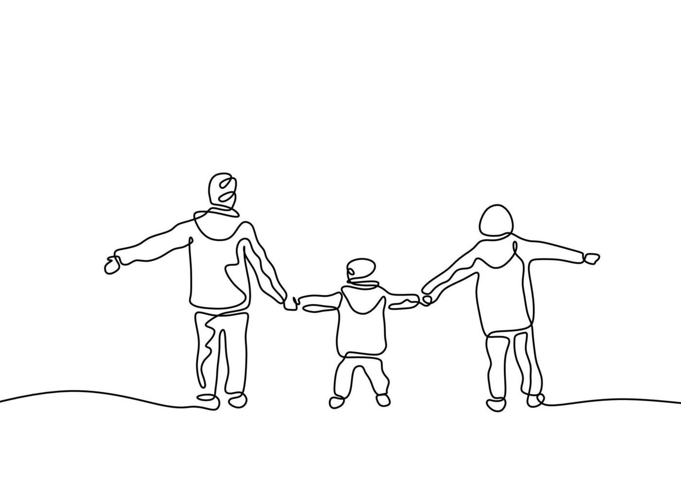 Continuous one line drawing of three kids holding hands and playing. Childhood act of kindness theme. Children concept of brother and sister member vector