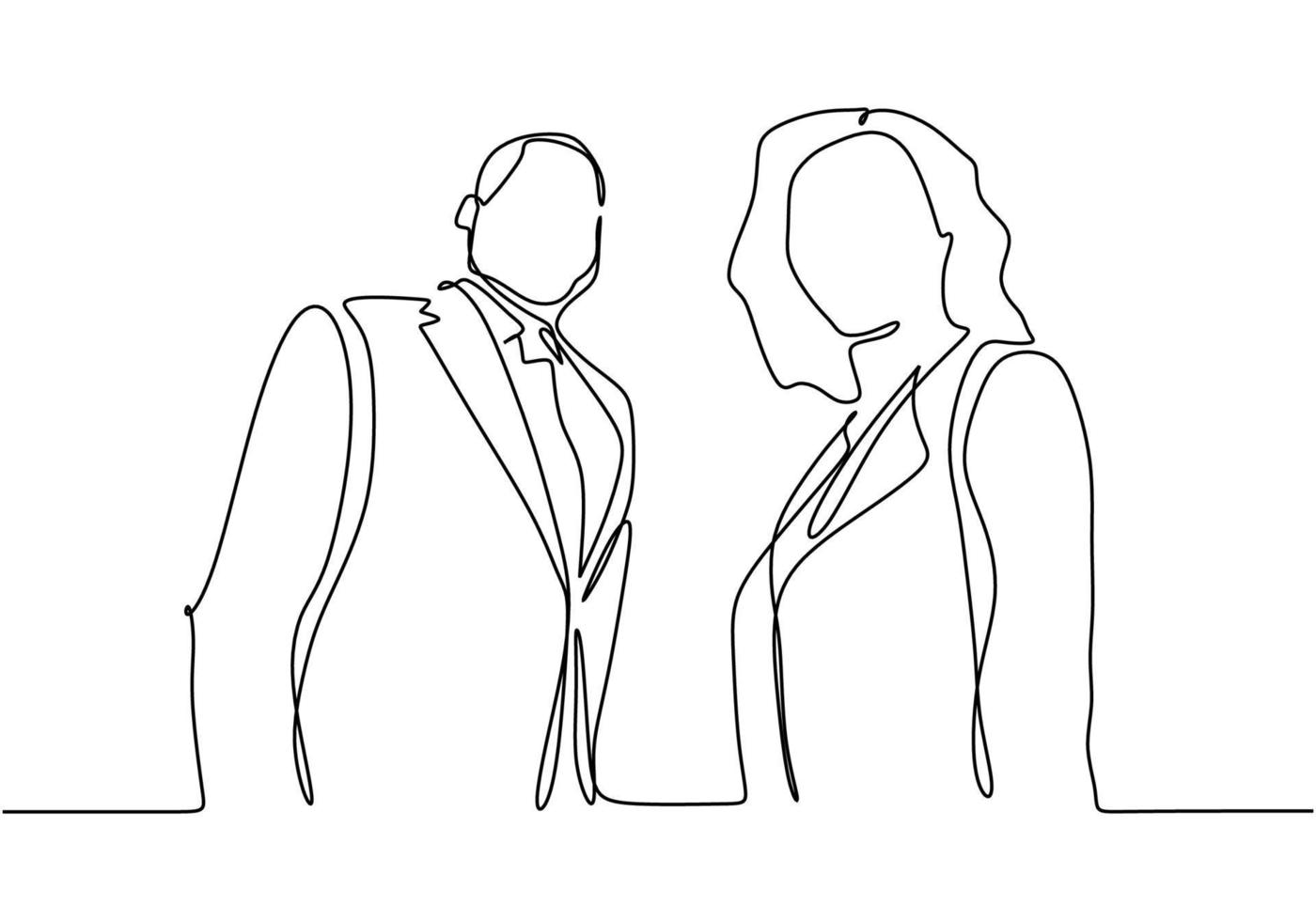 Continuous one line drawing of portrait of businessman and businesswoman standing vector. Illustration of boss or CEO company and secretary. Man and girl hand drawn vector