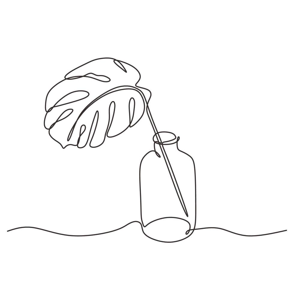 Continuous one line drawing of monstera leaf on glass bottle. Tropical Philodendron minimalism hand drawn vector