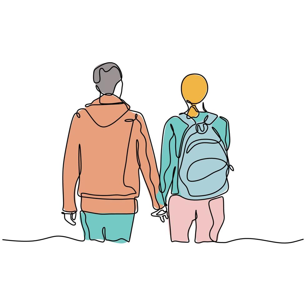 Continuous one line drawing of couple holding hands with colors vector illustration minimalism design.