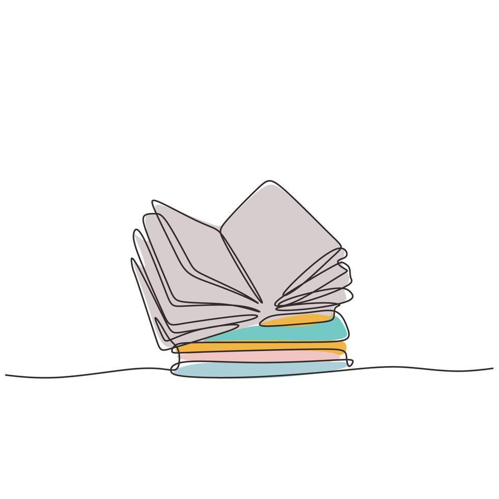 Continuous one line drawing of stack of books. Vector minimalism with colors