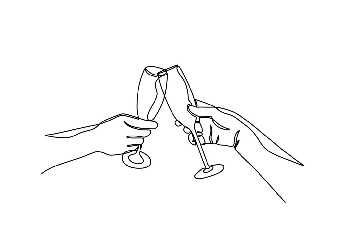 Continuous one line drawing of cheers of wine glass. Hands cheering with glasses of champagne. vector