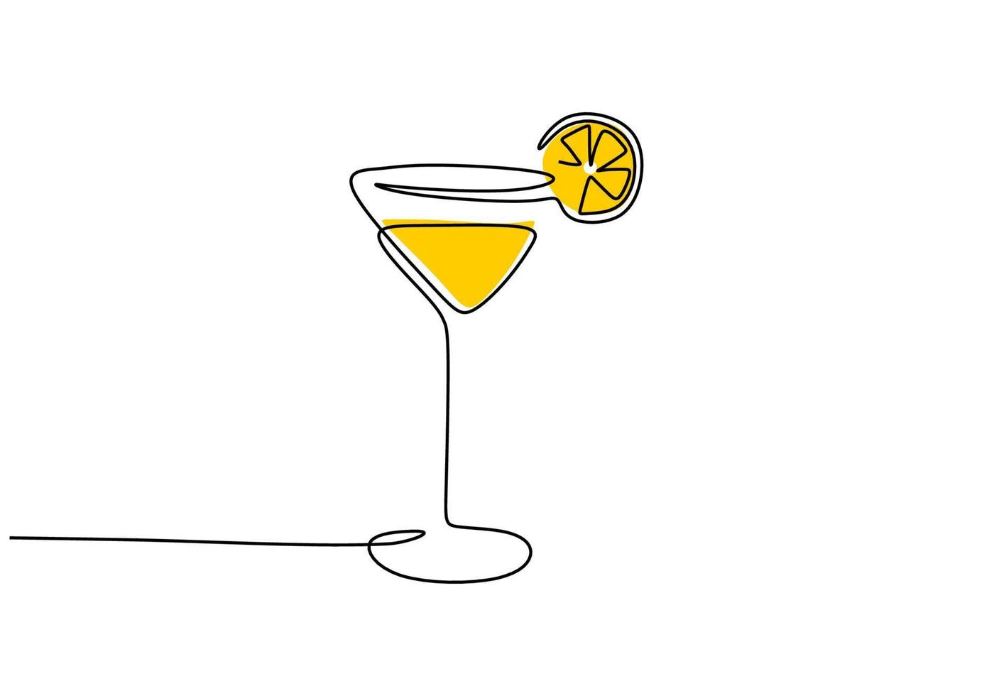 One continuous single line of with Wineglass cocktail and yellow lemon vector