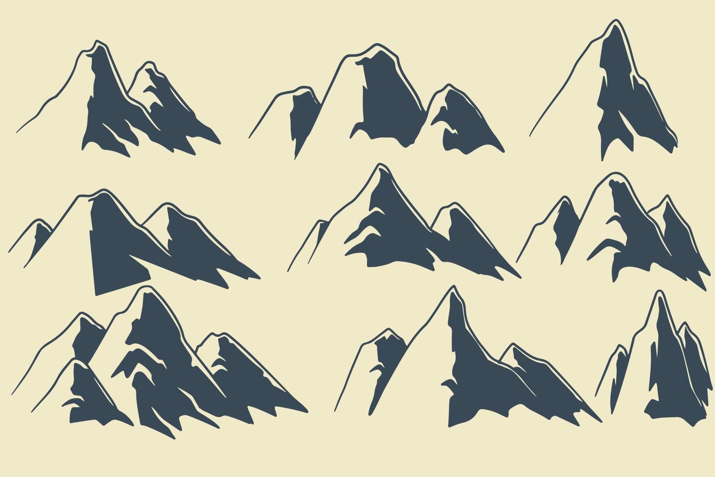 hand drawn natural decoration set of nine big mountain sketch. vector