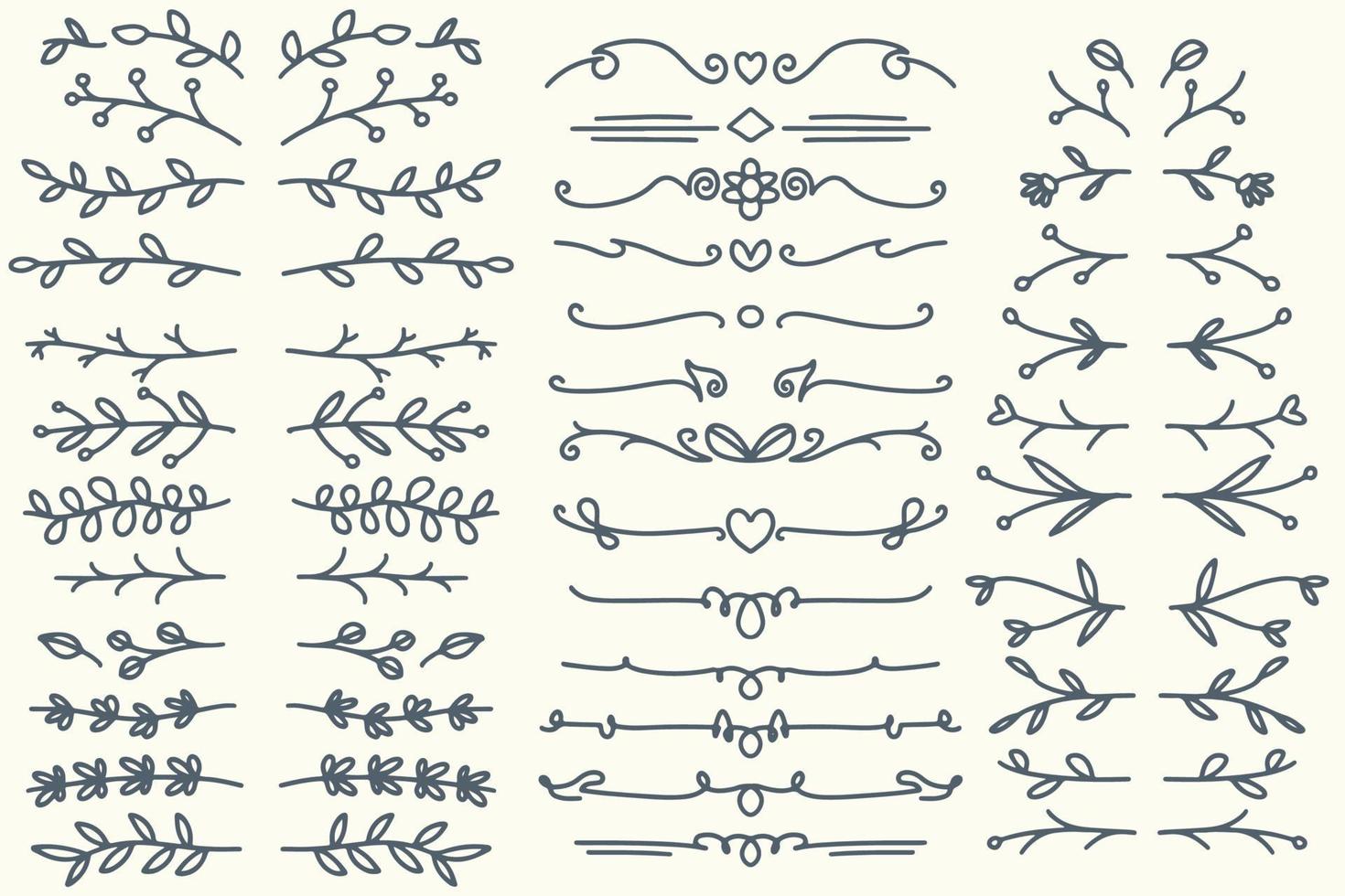 Thirty five Hand drawn vector dividers. Lines, borders and laurels set