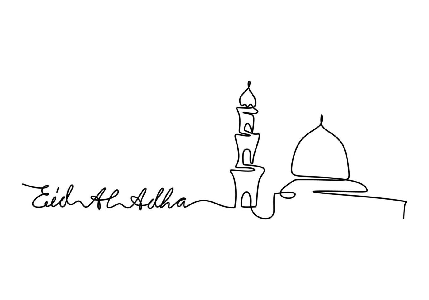 One continuous single line hand drawing of eid al adha with mosque vector