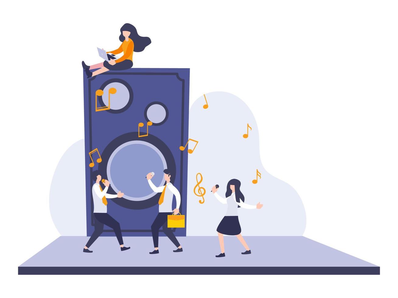 Vector business people dancing and singing with music and big sound speaker. Business metaphor concept flat illustration of workers enjoy relaxation and refreshing.