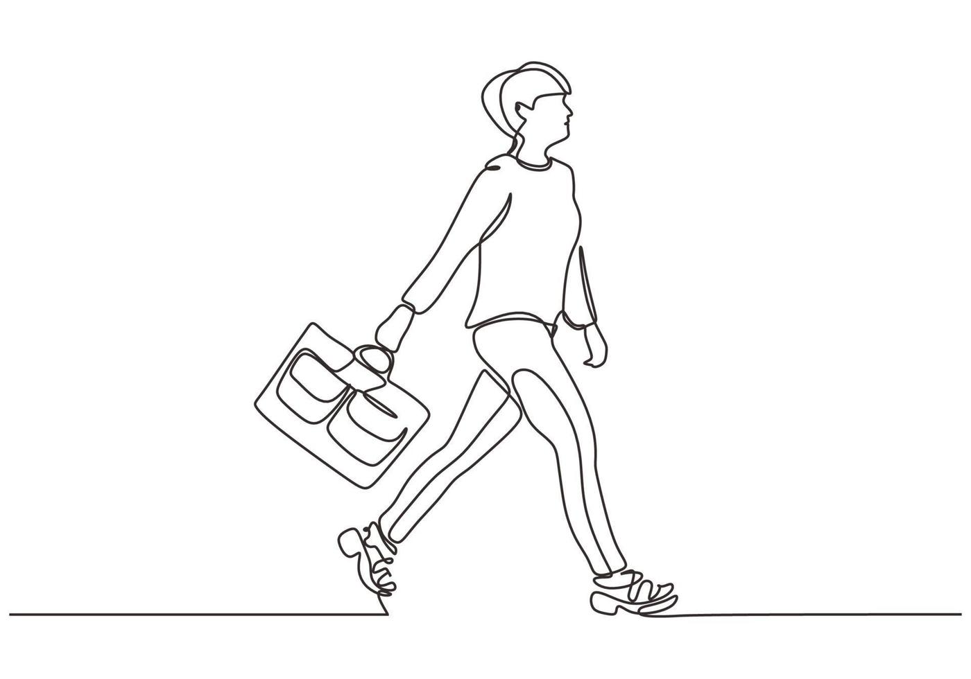 Continuous one line drawing of woman walking on the street. vector