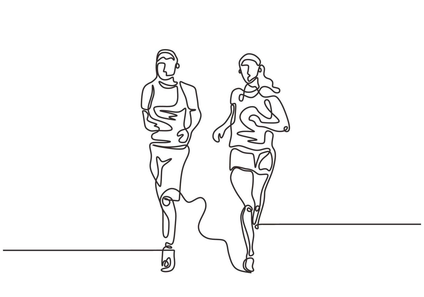 dibujo continuo de una línea de pareja ejecutando minimalismo. deporte tema vector ilustración simplicidad