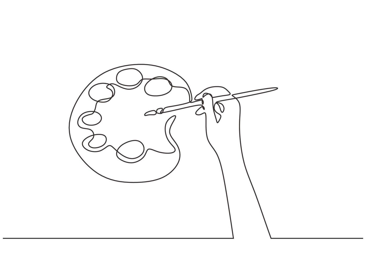 Continuous line drawing art painting palette and hand holding paint brushes. Minimalism hand drawn sketch vector illustration
