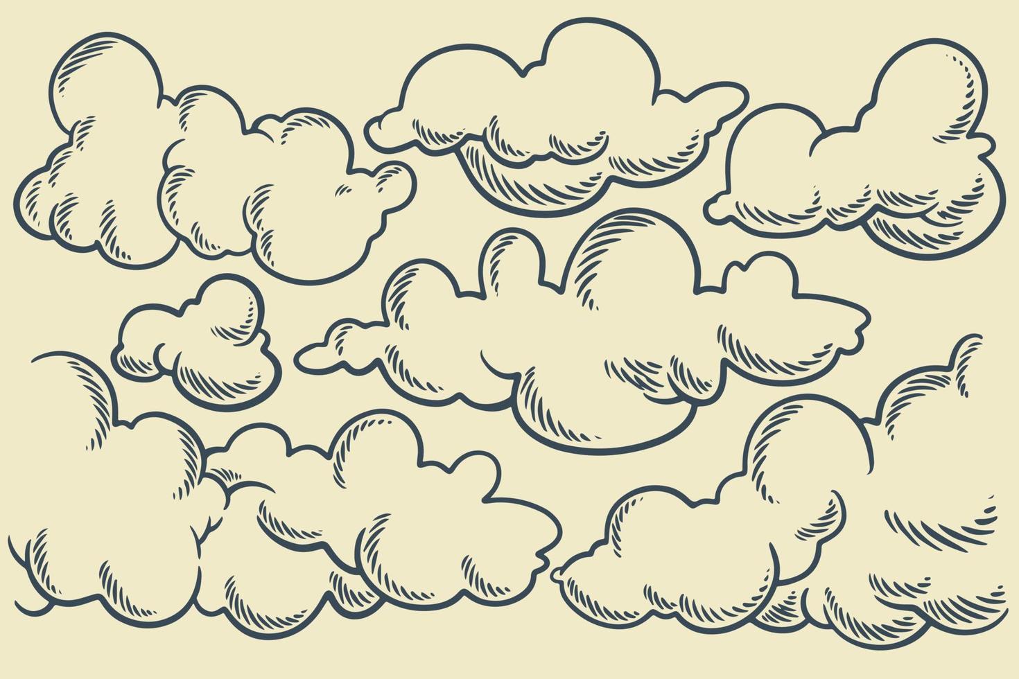 conjunto de nubes en estilo retro vintage dibujado a mano vector