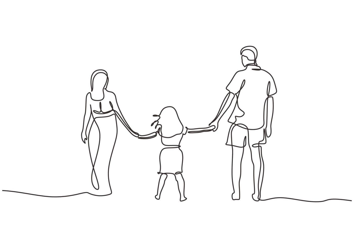 dibujo continuo de una línea de familia feliz. concepto de padre, madre e hija tomados de la mano vector