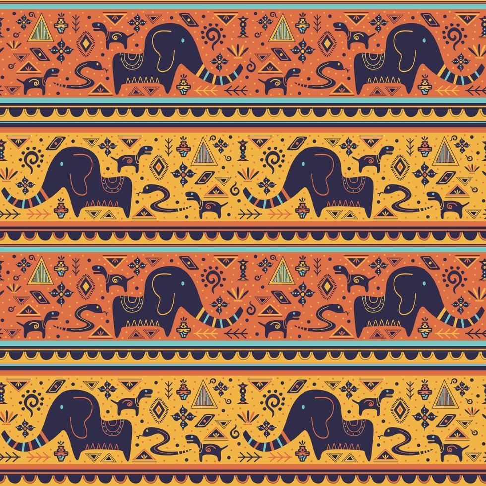 Ethnic african seamless pattern with doodle ornaments. Vector illustration for textile fashion ready for print with elephant drawing.