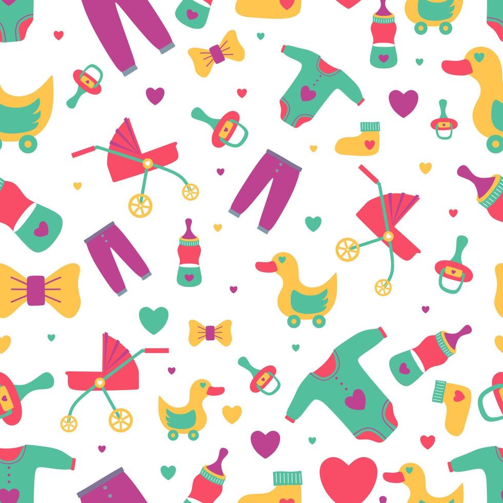 hand drawn seamless pattern of boy baby toys with dot, milk bottle vector