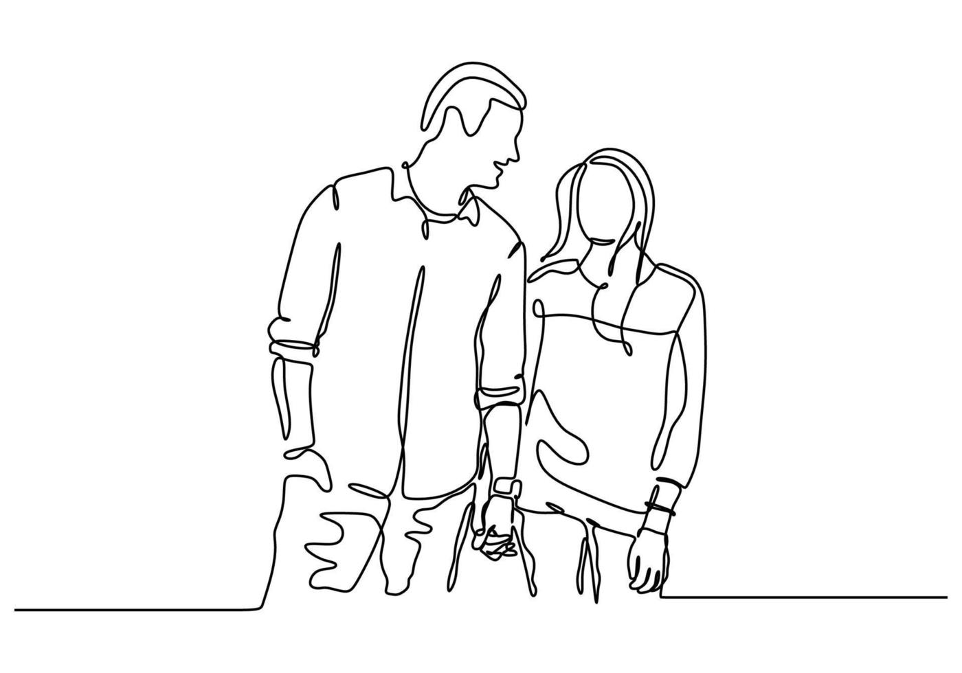 Continuous one line drawing of couple holding hands. Act of kindness theme of man and girl. vector