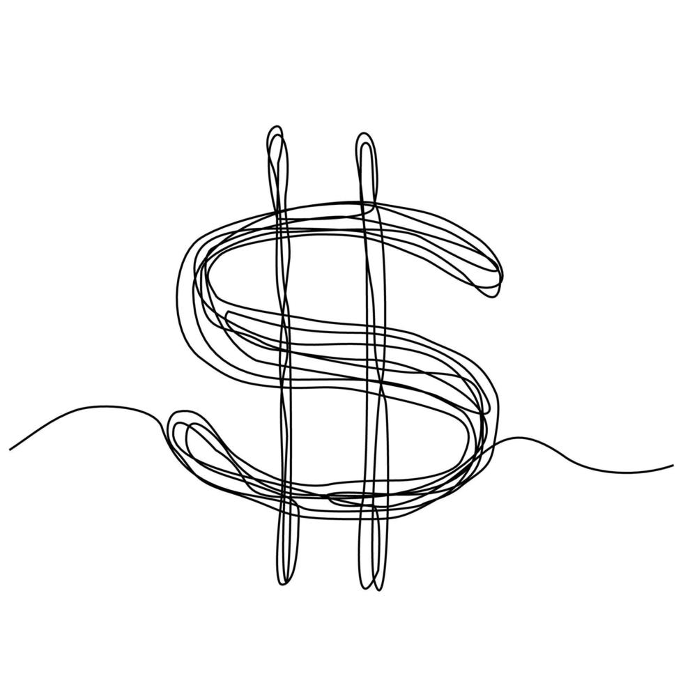 Continuous one line drawing of dollar scribble hand drawn sketch line art. Editable stroke design vector