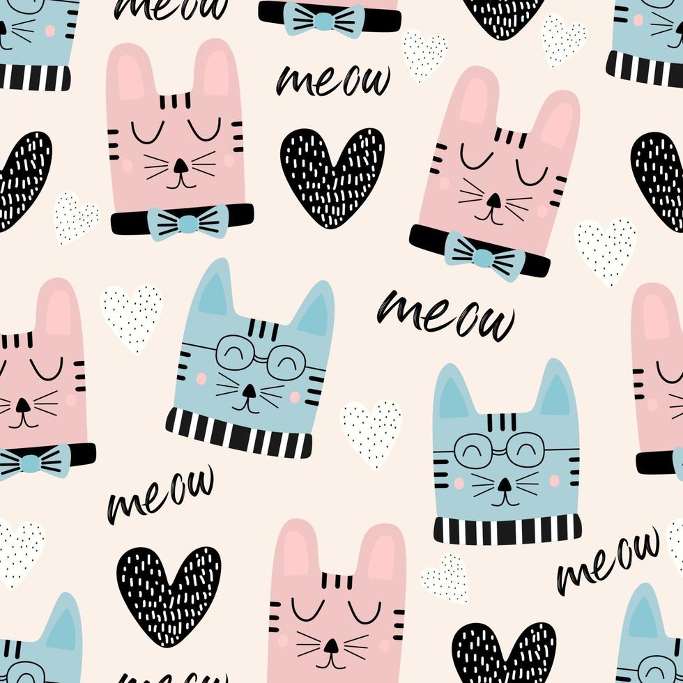 gatos graciosos cabeza de patrones sin fisuras con texto maullido. vector para niños y estampados textiles de moda para bebés