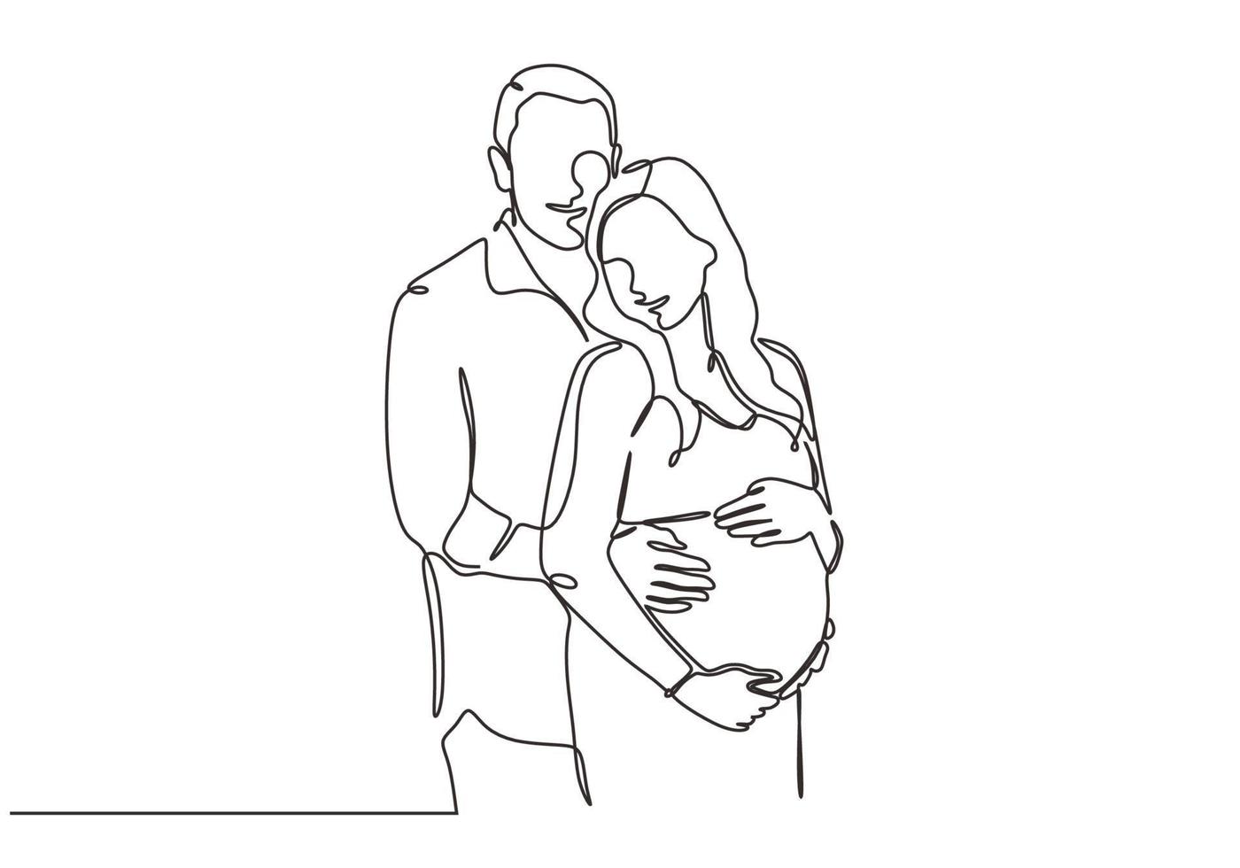 Continuous one line drawing of happy couple portrait. Concept of people of man and pregnant woman vector