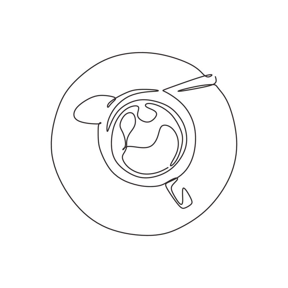 Continuous one line drawing of a cup of coffee with plate and spoon. Minimalism food and drink theme vector