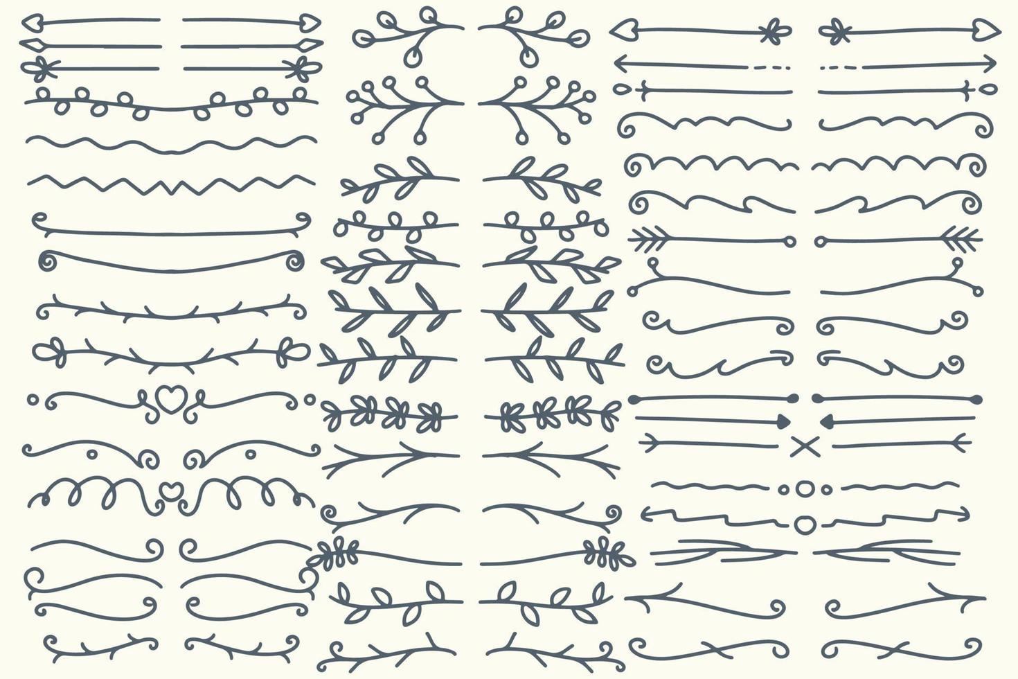 forty-eight Hand drawn vector dividers. Lines, borders and laurels set