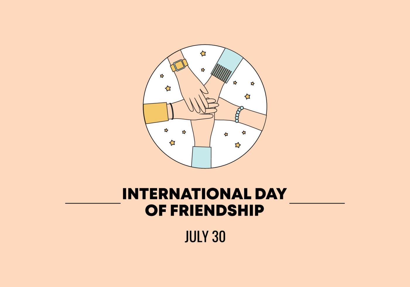 International friendship day background banner poster with 5 diversity hands isolated on pink background. vector