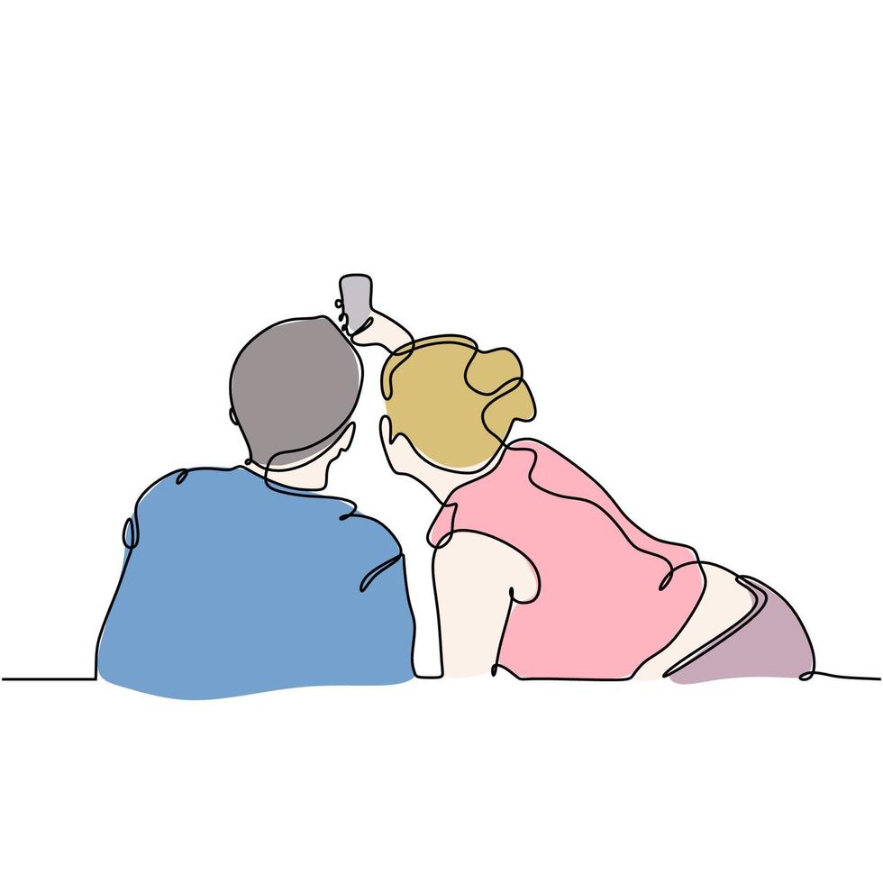 Continuous one line drawing of selfie couple. Man and woman taking picture with smartphone camera to capture romantic moment. Minimalism with colors style hand drawn vector