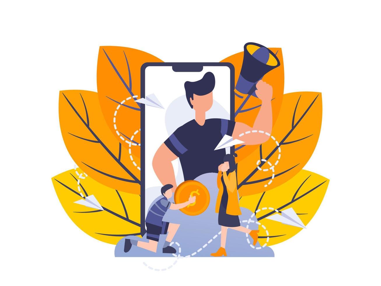 Refer a friend concept. Vector illustration of referral program, man use megaphone horn on mobile app