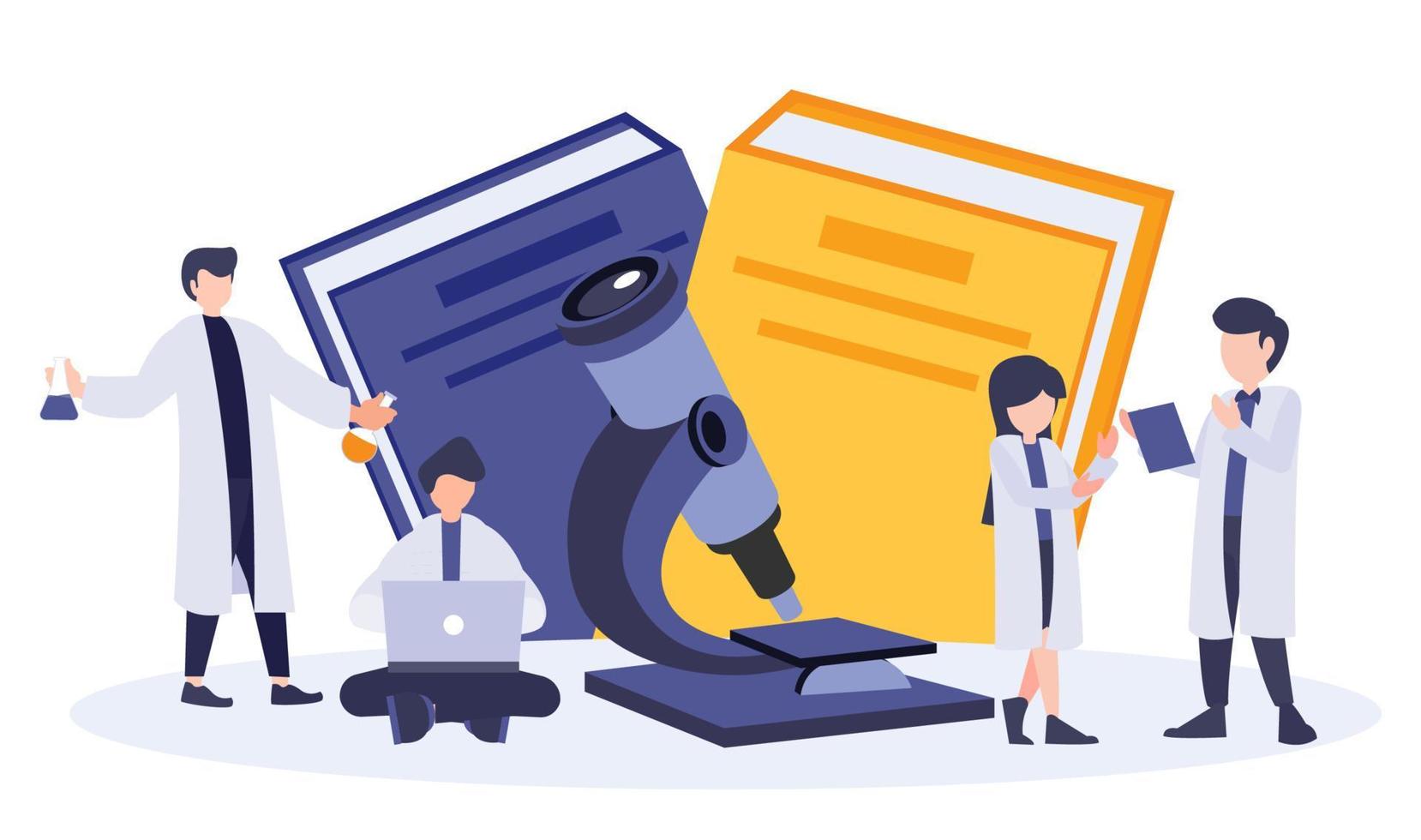 Research and development vector flat digital illustration. Scientist people working with microscope and huge books. Microbiology and biology theme
