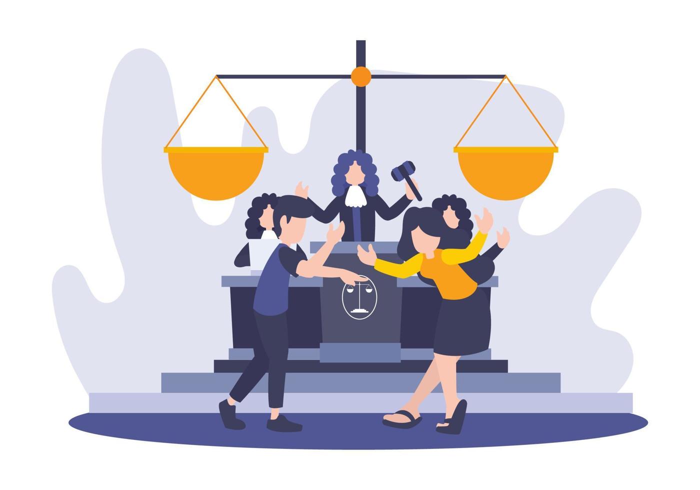 Vector flat illustration of people conflict during the judge. Metaphor of divorce in court. Law and legal settlement idea