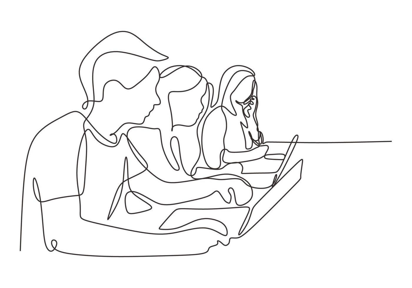 Continuous one line drawing of creative workers work at office. People sitting with laptop. vector