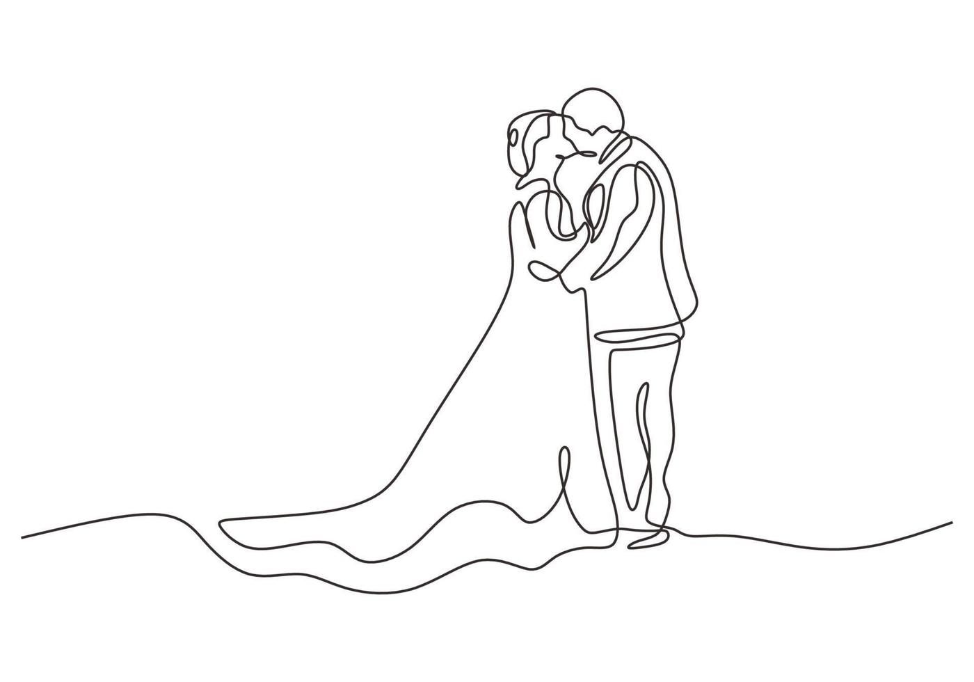 Continuous one line drawing of happy couple in marriage. Man and woman wearing wedding dress kissing vector