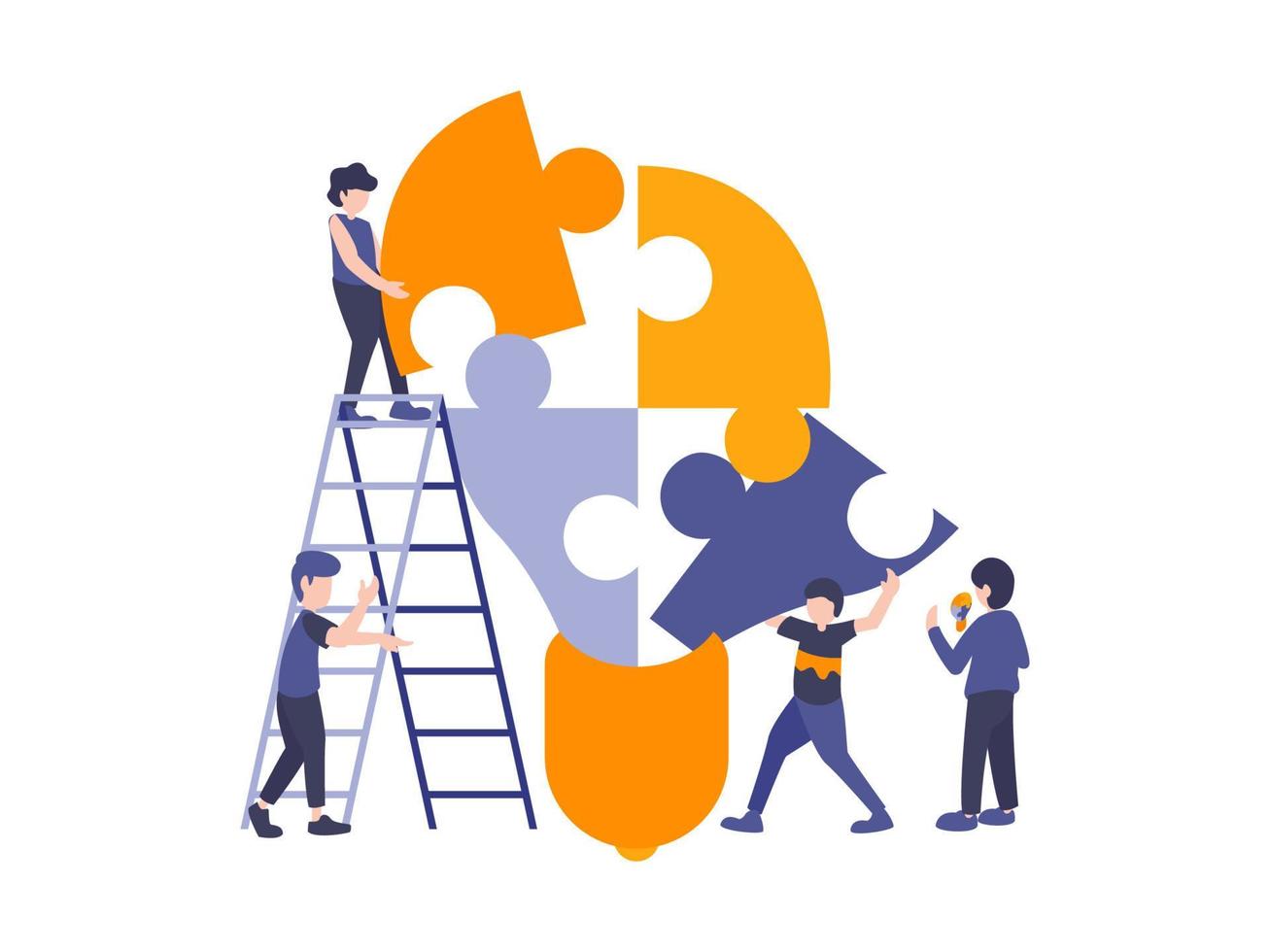 People connecting puzzle elements to build a light bulb. Vector illustration business concept. Team metaphor flat design style.