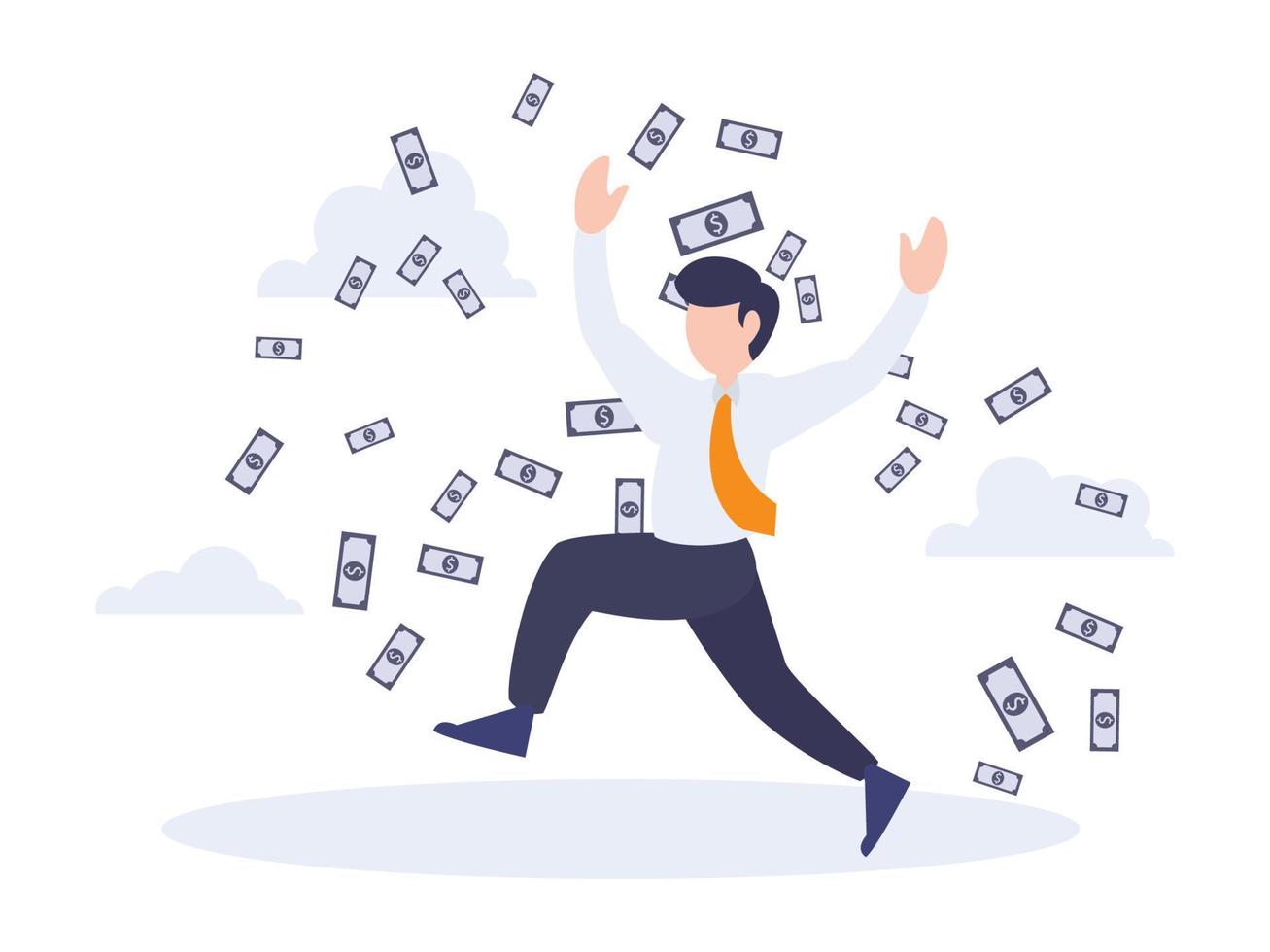 Rich businessman jumping looks very happy with flying money. Business people metaphor vector