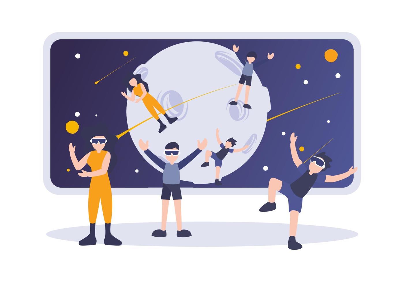 Vector flat illustration. People enjoy playing VR or virtual reality technology. Man and woman on futuristic planet space world