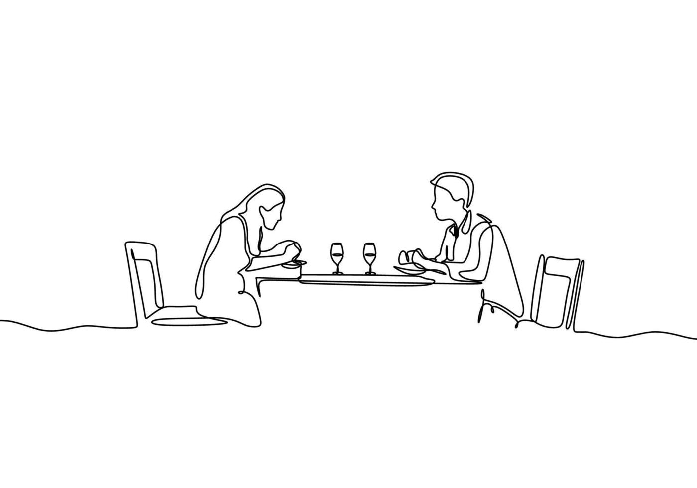 dibujo continuo de una línea de cena romántica en pareja con mesa, comida y vino. vector