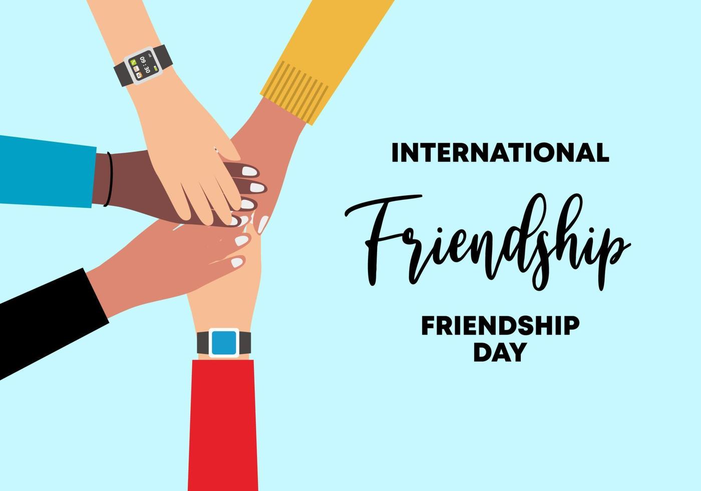 cartel de fondo del día internacional de la amistad con cinco manos de diversidad aisladas en fondo azul. vector