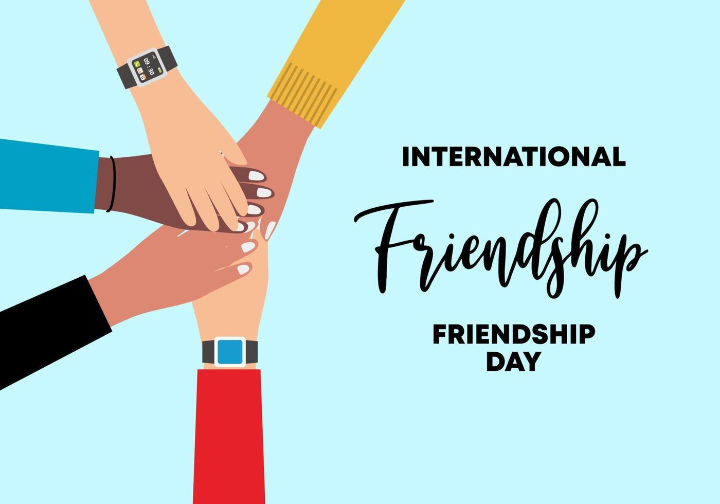 International friendship day background banner poster with five diversity hands isolated on blue background. vector