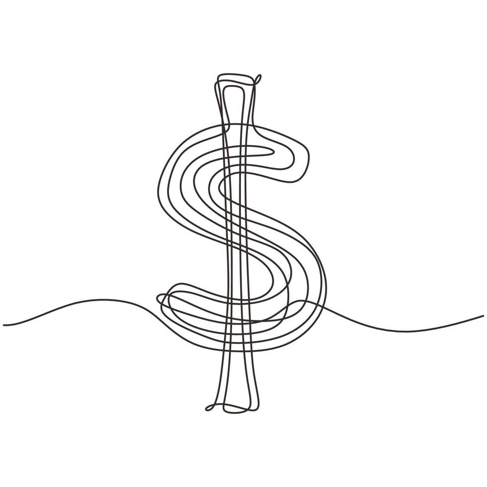 Continuous one line drawing of dollar symbol with scribble hand drawn sketch line art vector