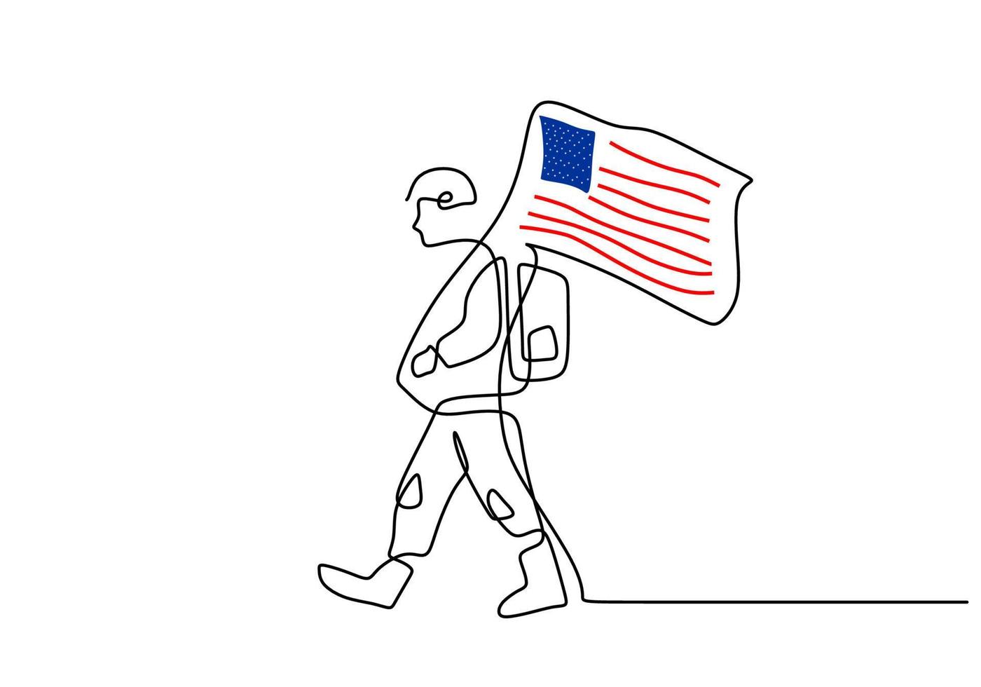 un dibujo continuo de una sola línea del ejército trae la bandera de los estados unidos vector