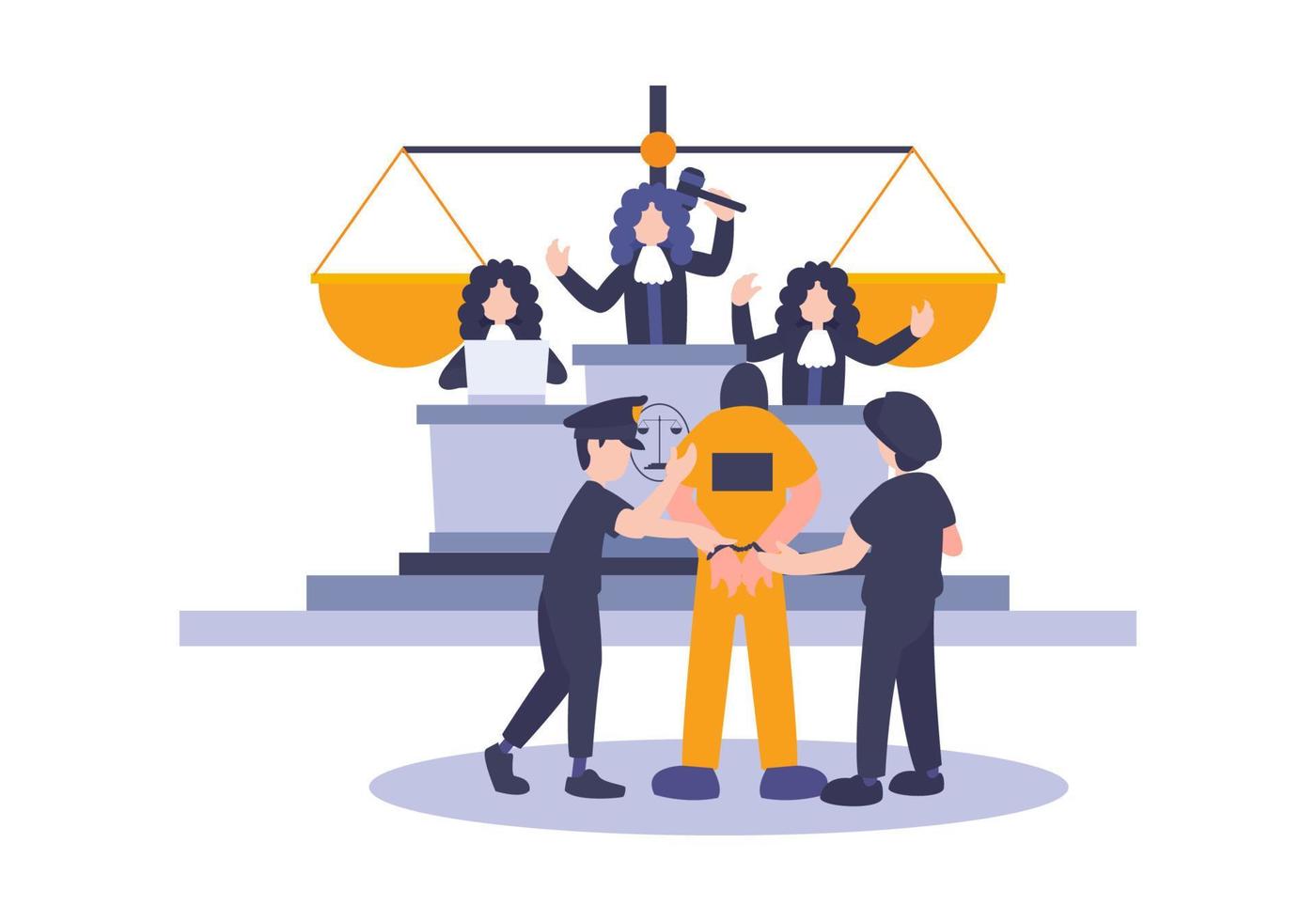 Law and Justice Concept with Characters and Judicial Elements, prisoner, Gavel, and Lawyer. Judgment and court jury people. Idea concept of advocate and the judge. vector