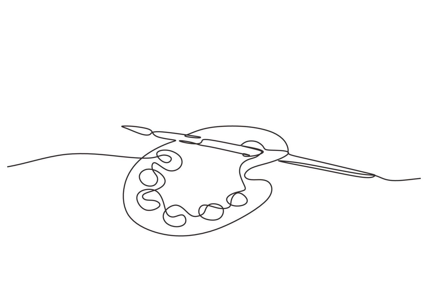 Art equipment of brush and paint one line drawing vector illustration isolated on white background.