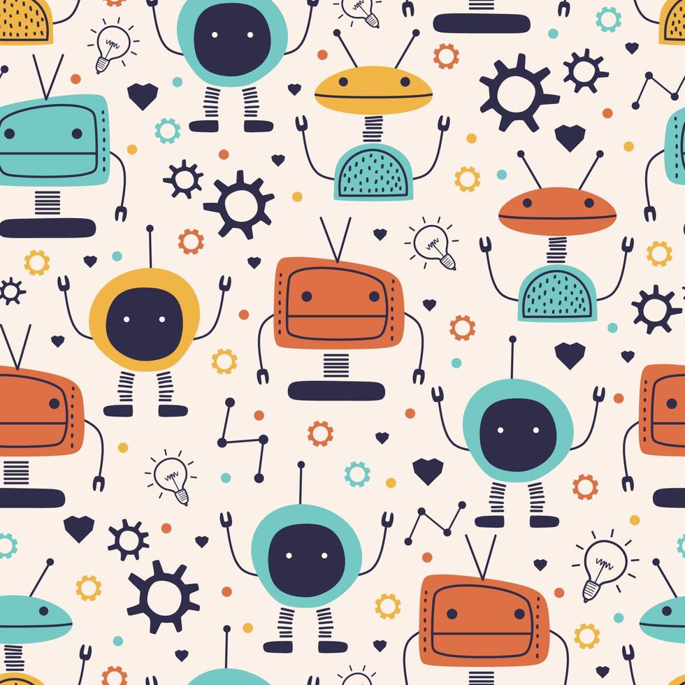 Cute seamless pattern with childish robot funny drawing. Vector hand drawn cartoon funny character