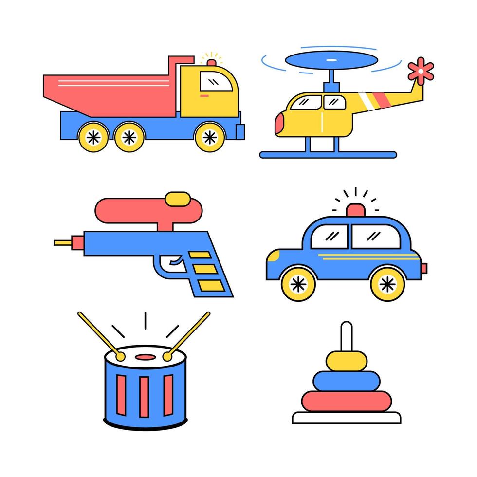 Set of hand drawn boys toys with car, truck, helicopter, drum and gun vector