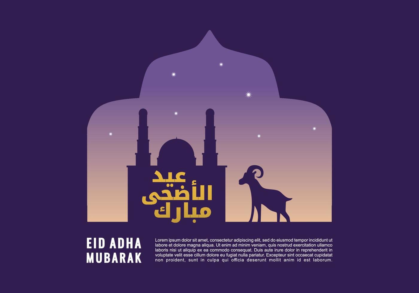 Eid al-Adha. tarjeta de felicitación con ovejas y mezquita sobre fondo morado. vector