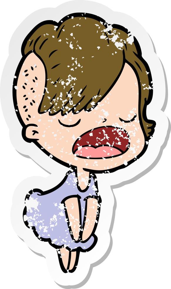 distressed sticker of a cartoon cool hipster girl talking vector