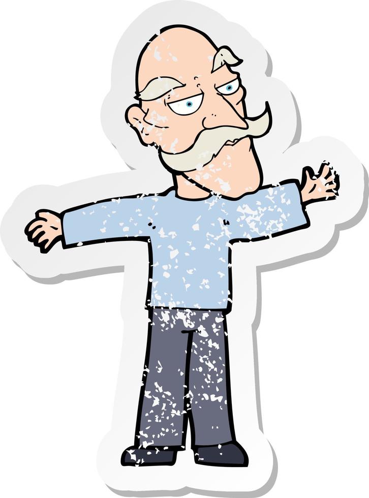 retro distressed sticker of a cartoon old man spreading arms wide vector