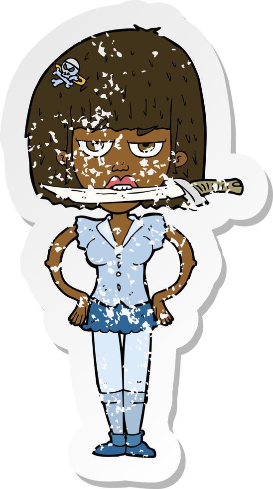retro distressed sticker of a cartoon woman with knife between teeth vector
