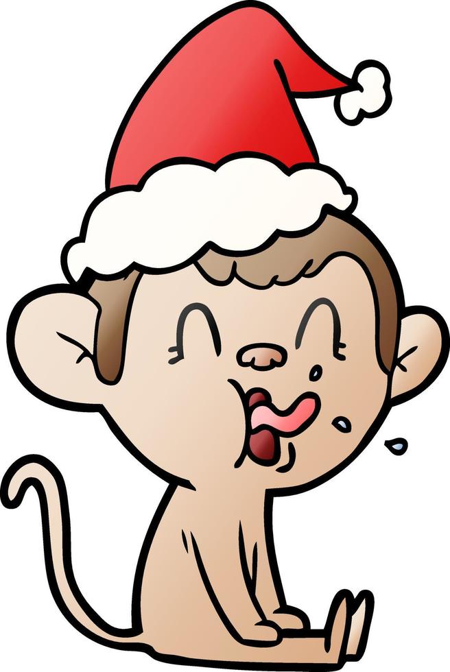 crazy gradient cartoon of a monkey sitting wearing santa hat vector