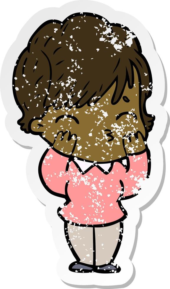 distressed sticker of a cartoon woman thinking vector